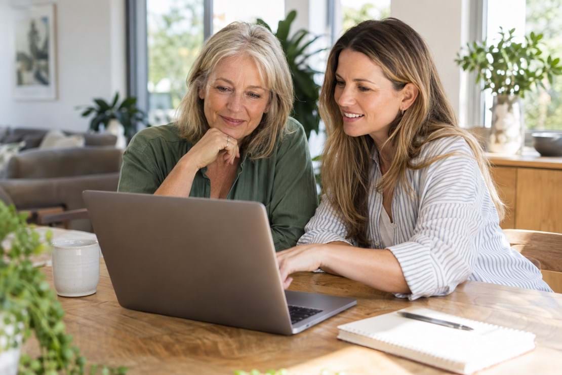 Two women reviewing financial information together on a laptop at home