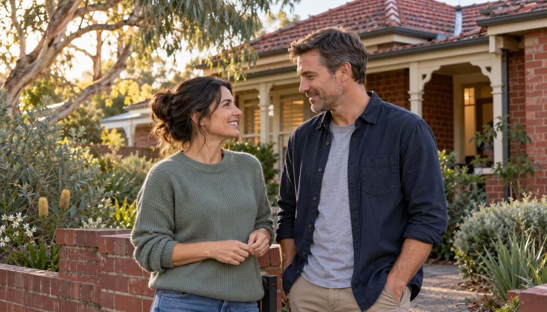 Couple in their 40s talking in the front garden of a red-brick Melbourne-style home
