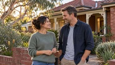 Couple in their 40s talking in the front garden of a red-brick Melbourne-style home