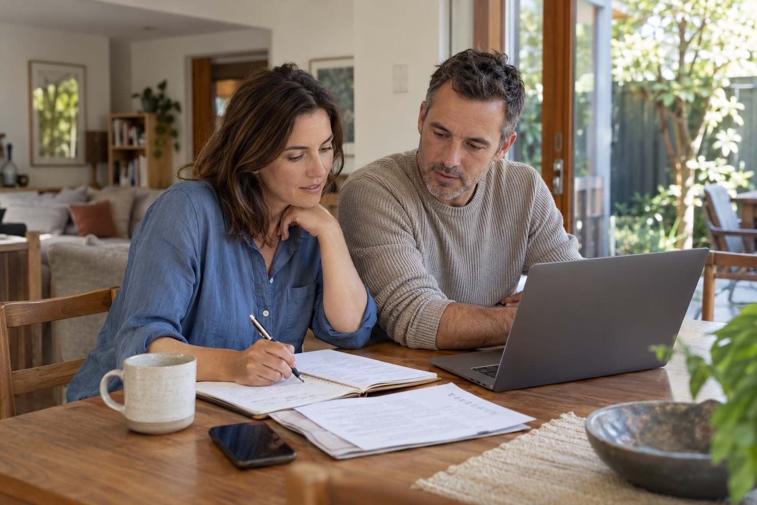 Couple in their 40s reviewing their household budget with a laptop and notebook at home.