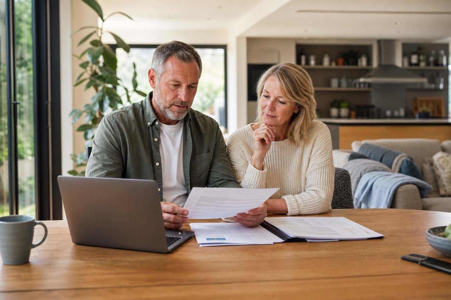 Couple in their 50s reviewing a pre-retirement plan together at home