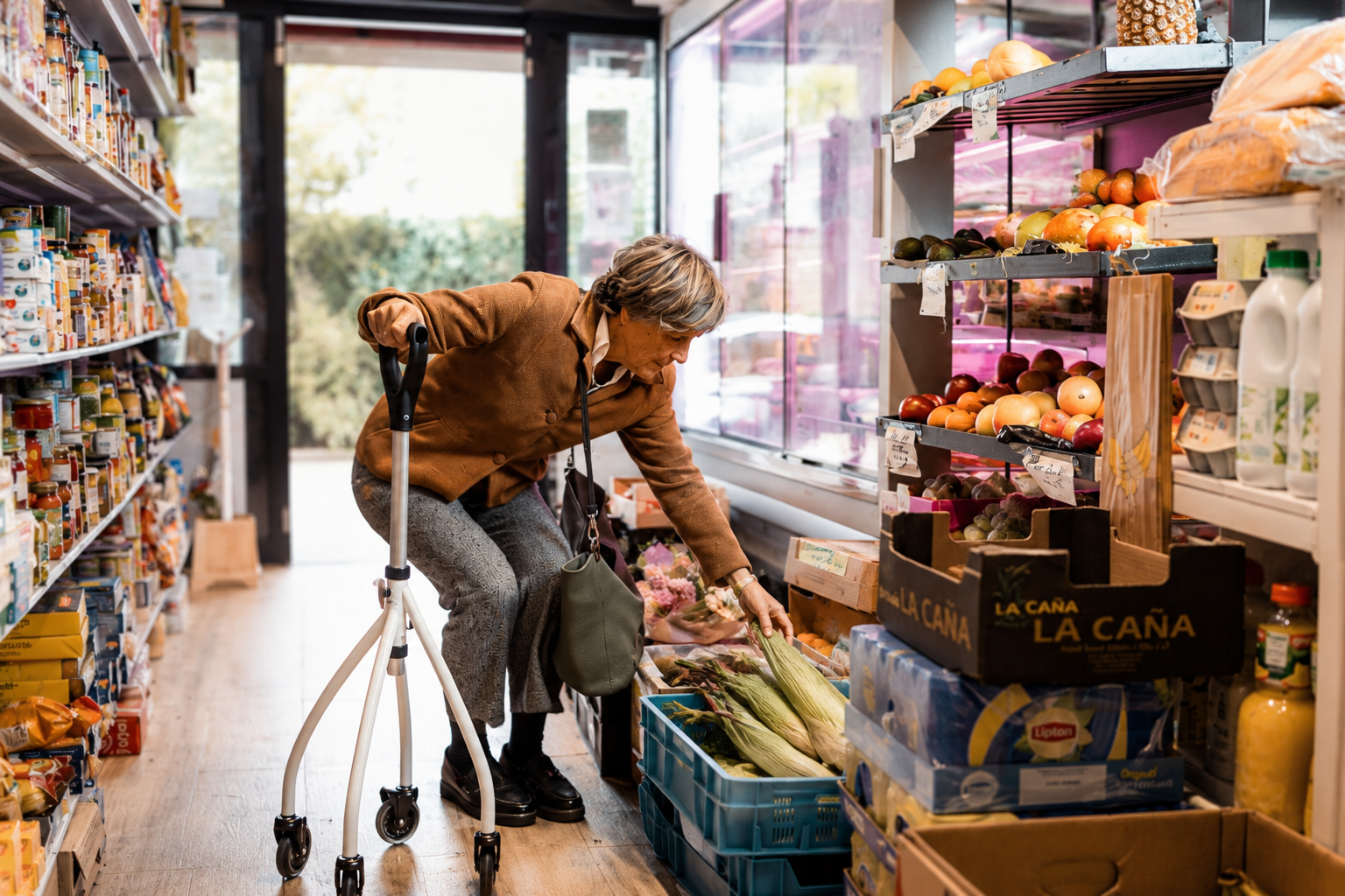Older shopper reviewing groceries in a store during a period of rising living costs